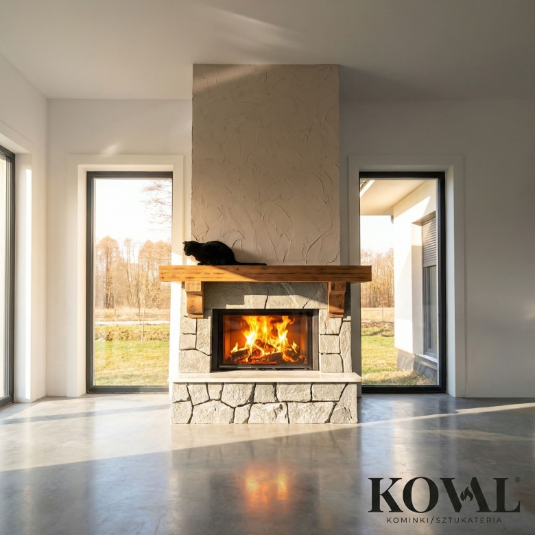 kominek-kamienny-centralny-drewniana-belka-duze-przeszklenia-kot