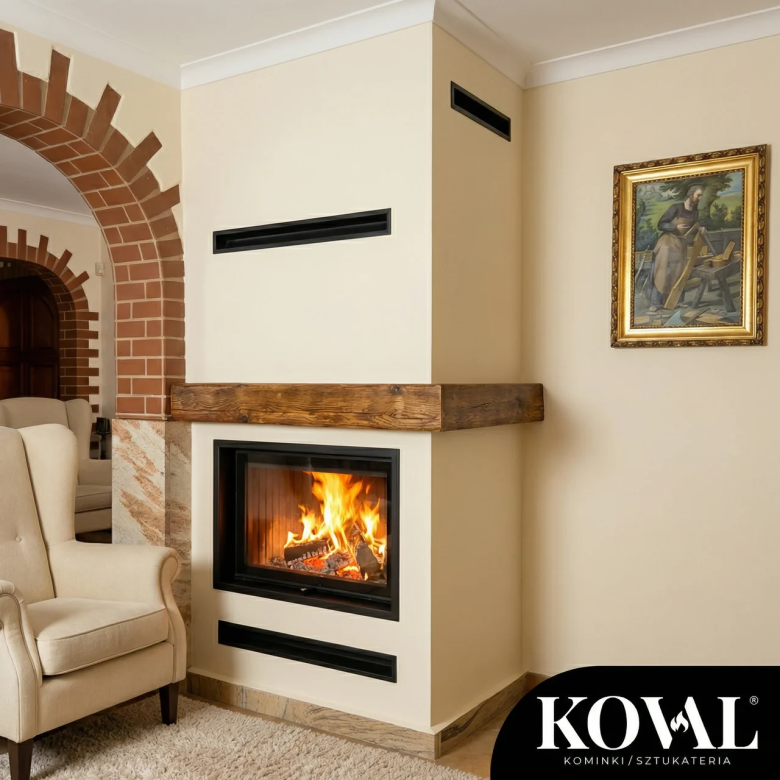 kominek-narozny-nowoczesny-kremowy-drewniana-belka-ceglany