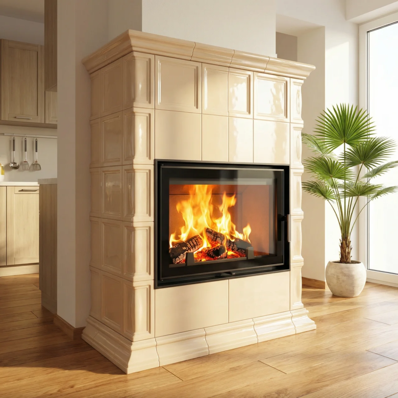 kominek-kaflowy-ecru-nowoczesny-duza-szyba-roslina-salon