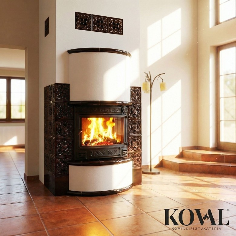kominek-kaflowy-brazowy-polokragly-klasyczny-zdobione-kafle-salon