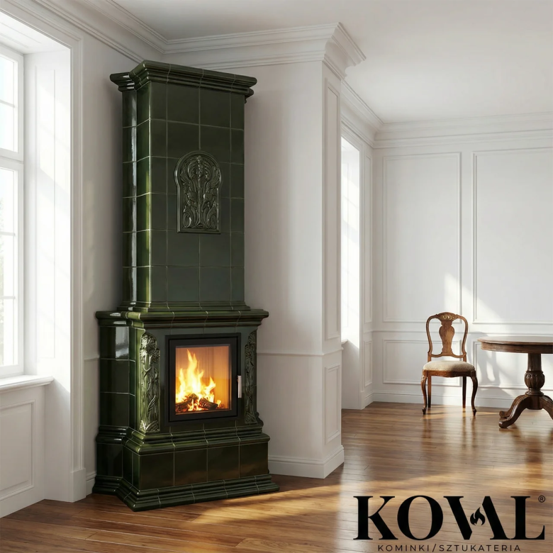 piec-kaflowy-zielony-klasyczny-wysoki-zdobiony-salon