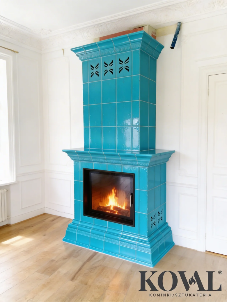 kominek-kaflowy-turkusowy-klasyczny-wysoki-ozdobne-kafle-salon