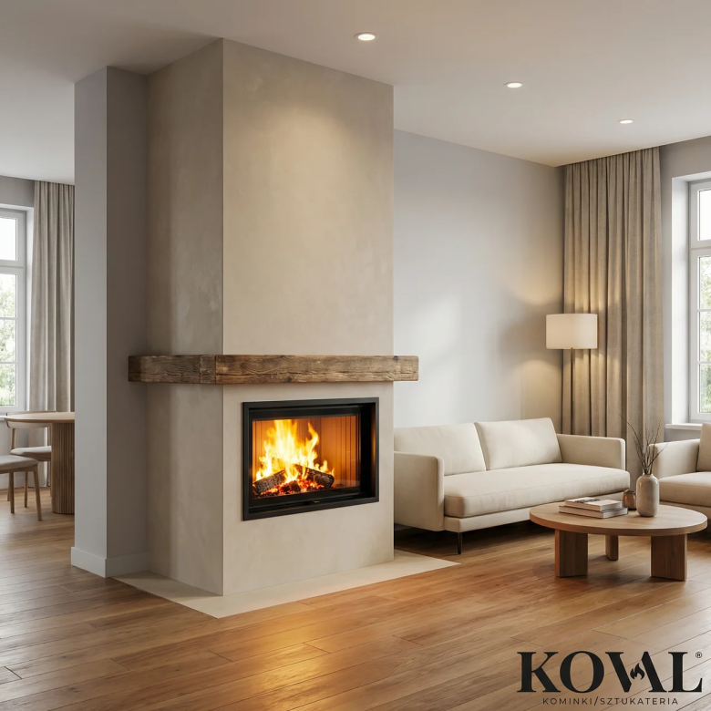 kominek-nowoczesny-kremowy-prosty-drewniana-belka-minimalistyczny-salon